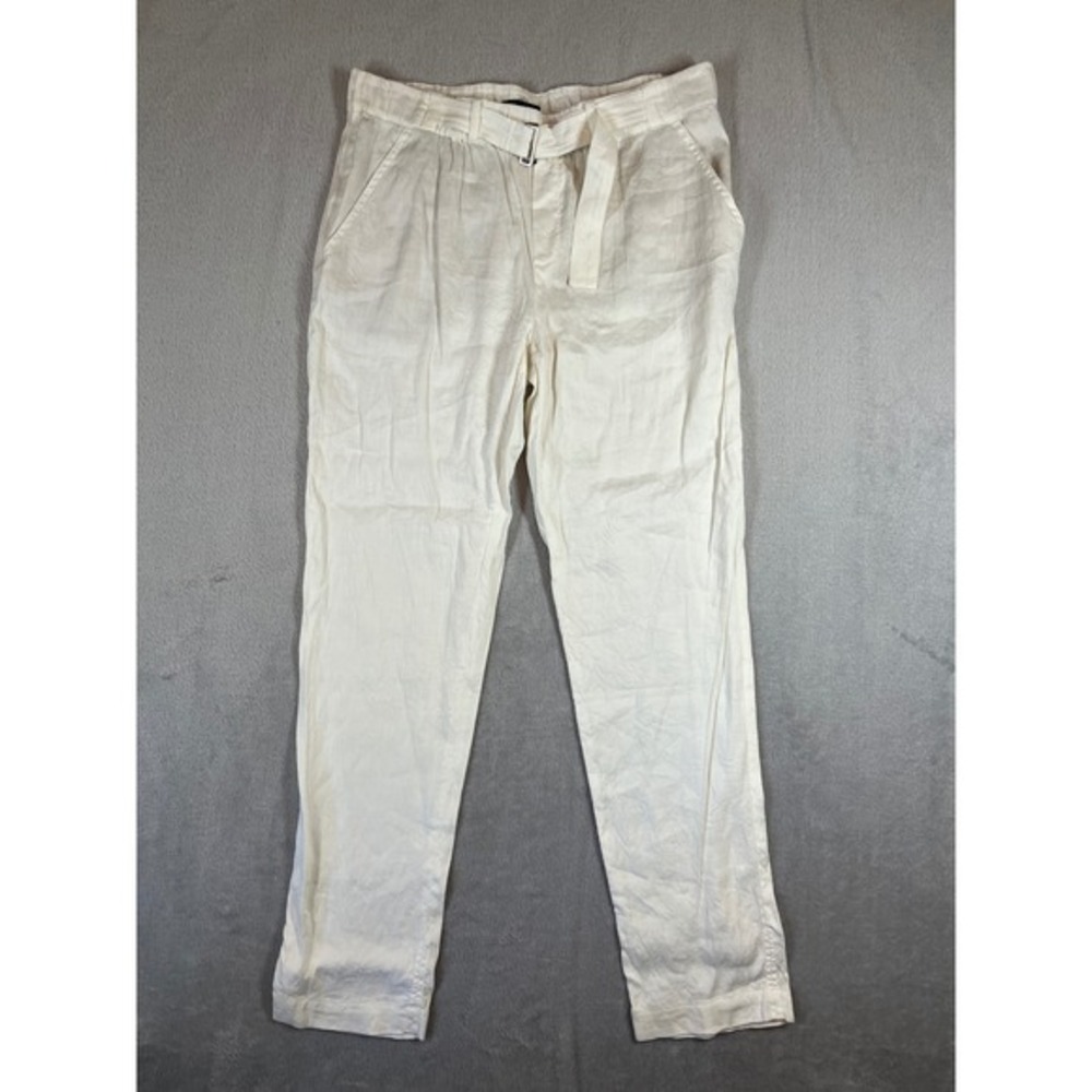 Vince Women's Linen Blend Belted Straight‎ Leg Pants Off White Large